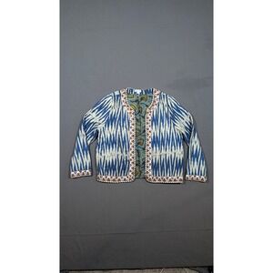 Sundance Women Blue Ikat Embroidered Cotton Open Front Jacket L Paisley Lined